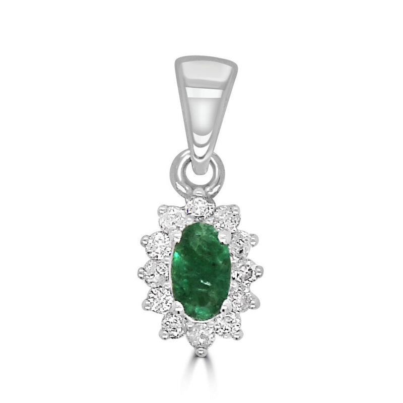9ct White Gold Emerald Oval 0.23ct Diamond 0.12ct Cluster PendantWWW3624P