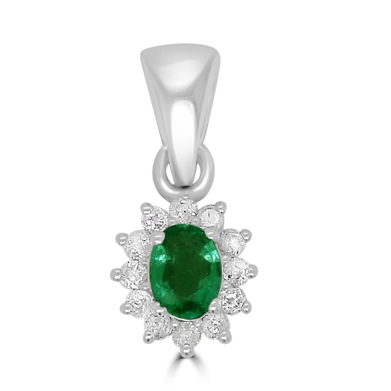 9ct White Gold Emerald Oval Cut 0.13ct Diamond 0.08ct Cluster PendantWWW3560P