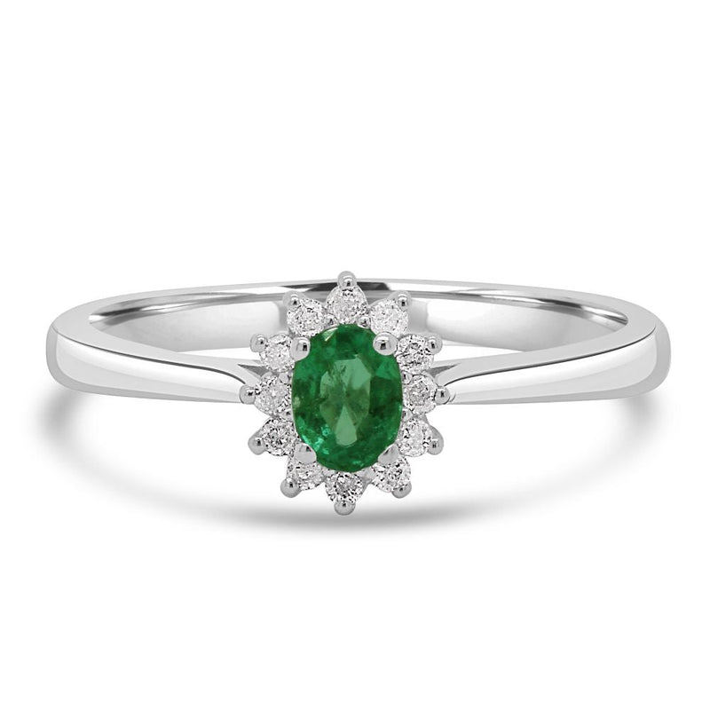 9ct White Gold Emerald Oval Cut 0.16ct Diamond 0.08ct Cluster RingWWW3560R