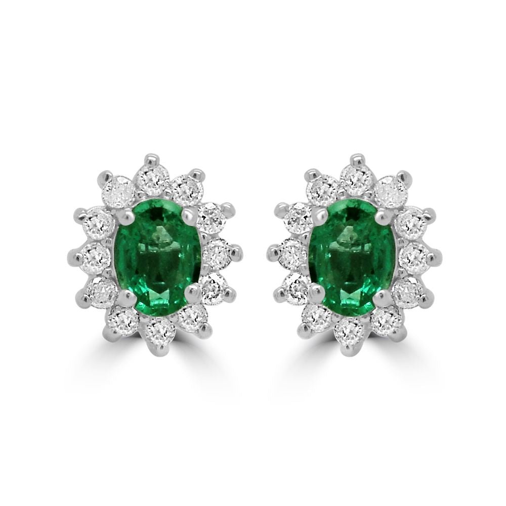 9ct White Gold Emerald Oval Cut 0.27ct Diamond 0.16ct Cluster Stud EarringsWWW3560ER