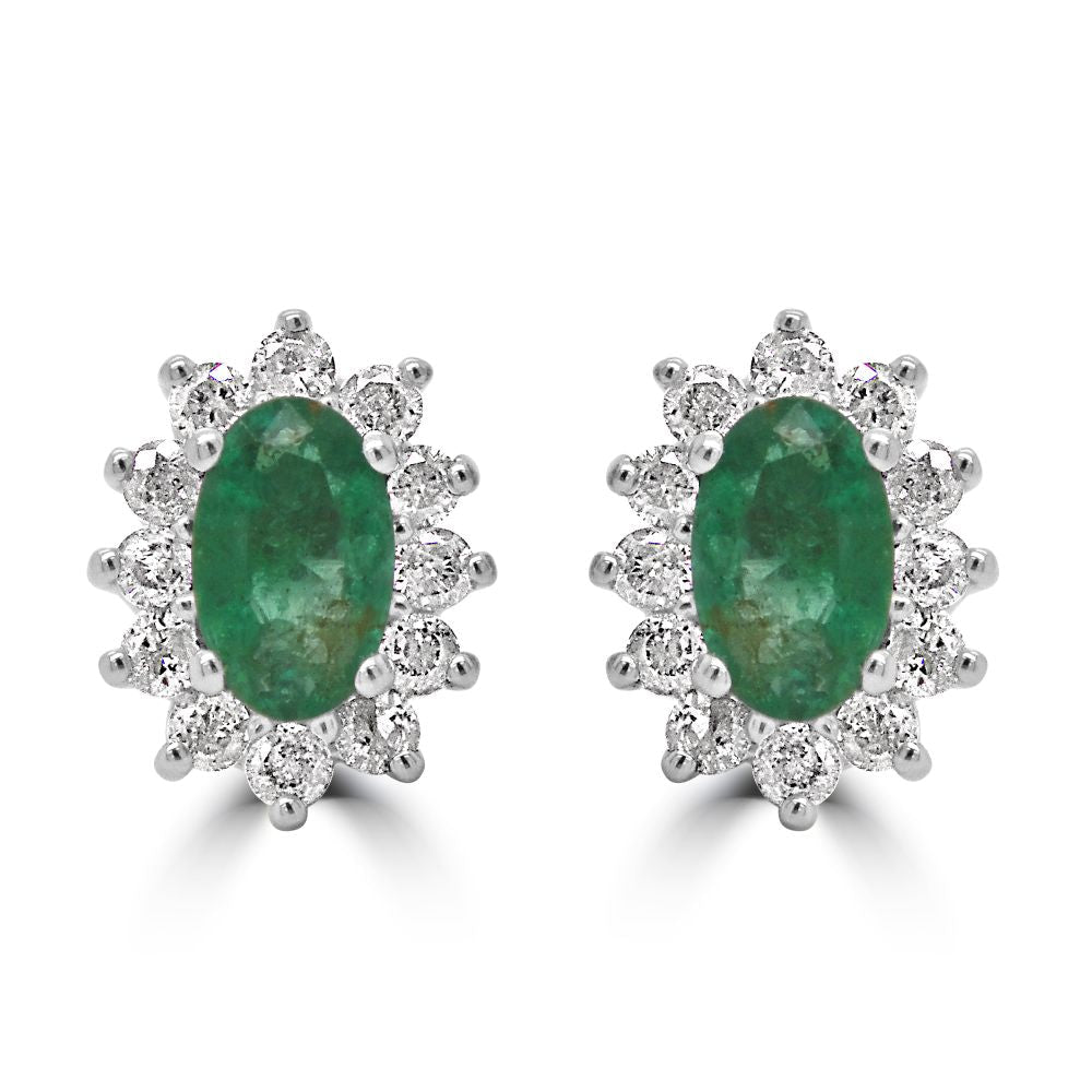 9ct White Gold Emerald Oval Cut 0.36ct Diamond 0.24ct Cluster Stud EarringsWWW3626ER