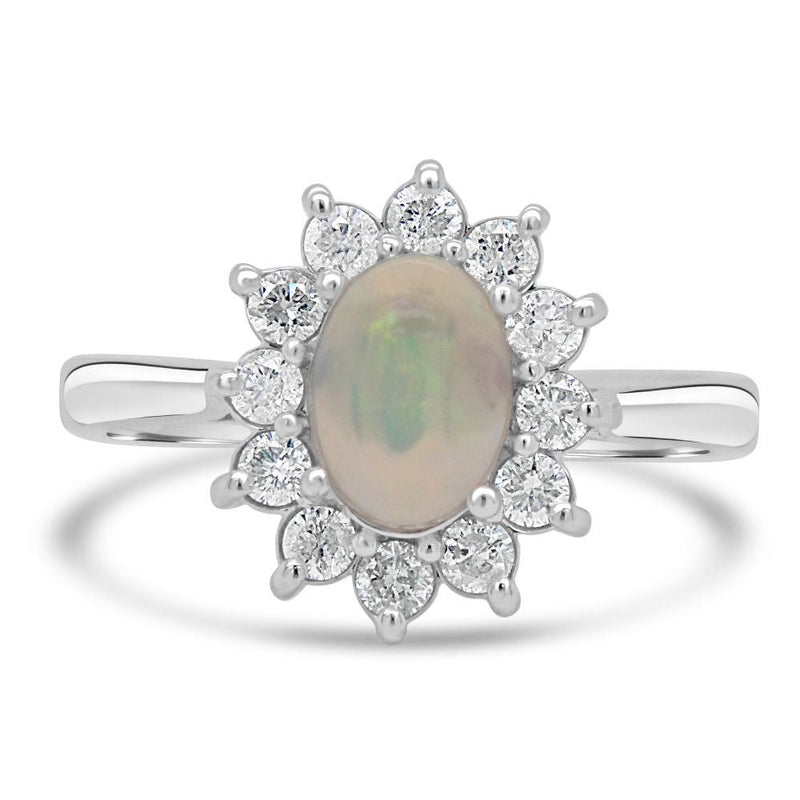 9ct White Gold Opal Oval Cut 0.36ct Diamond 0.32ct Cluster RingWWW2938