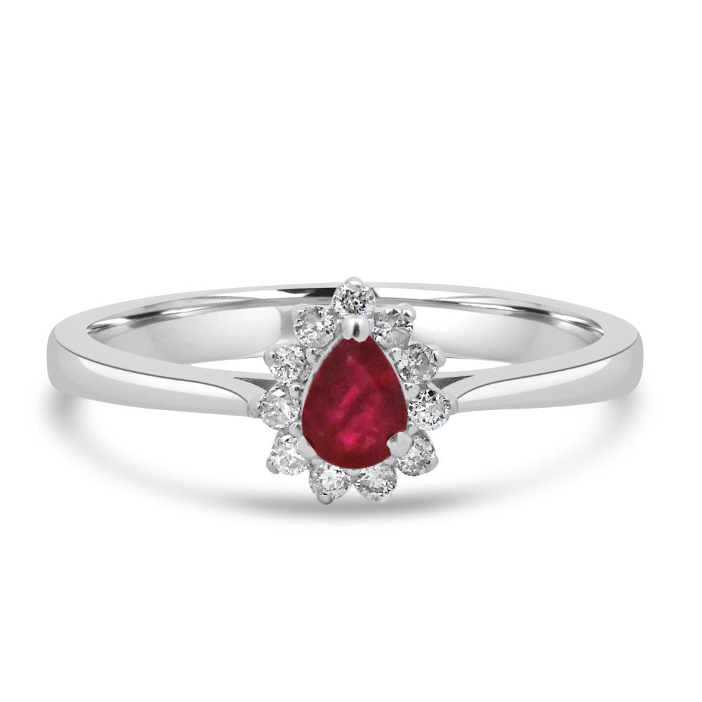 9ct White Gold Ruby Pear Cut 0.17ct Diamond 0.09ct Cluster RingWWW3781R