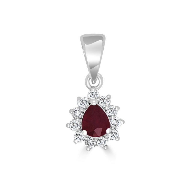 9ct White Gold Ruby Pear Cut Cut 0.37ct Diamond 0.20ct Cluster PendantWWW836