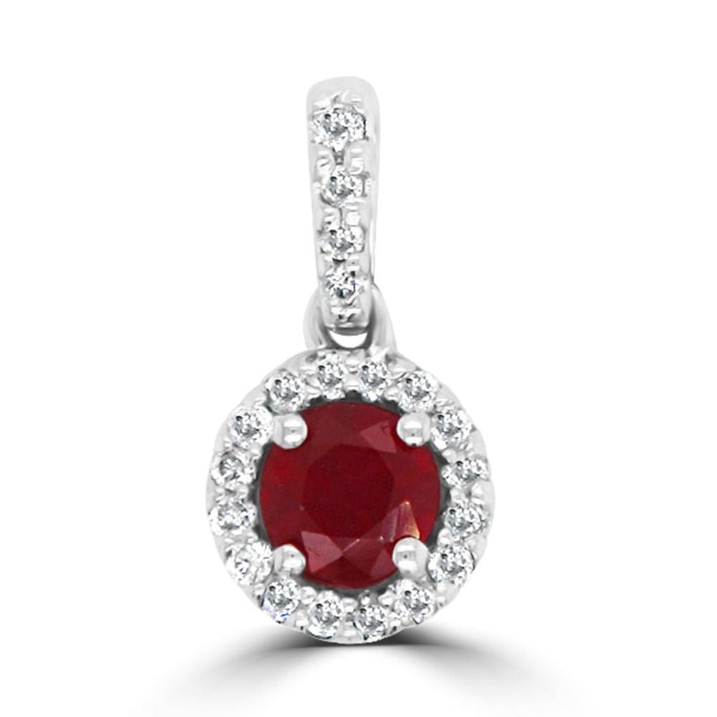 9ct White Gold Ruby Round Brilliant Cut 0.14ct Diamond Halo & Swing Bail PendantWWW1939