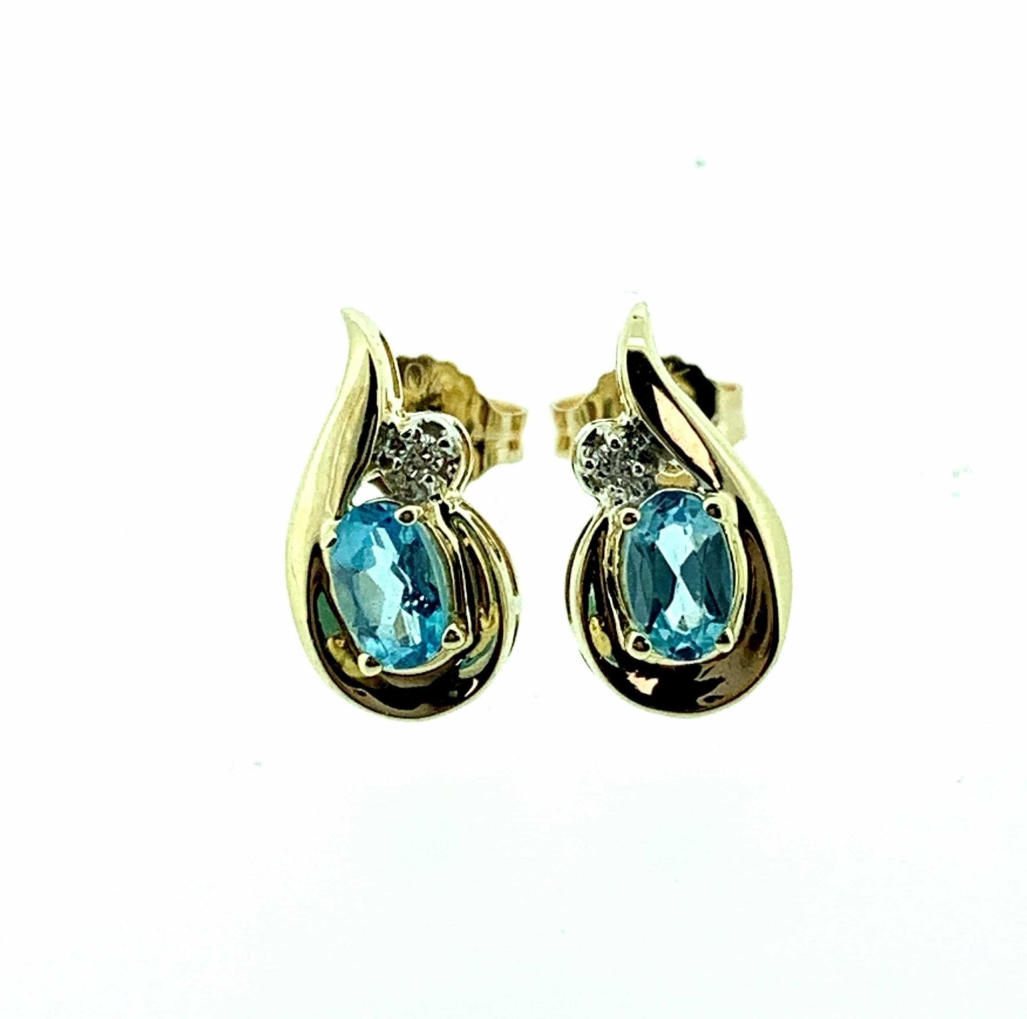 9ct Yellow Gold Blue Topaz &amp; Diamond Fancy Teardrop Stud Earrings