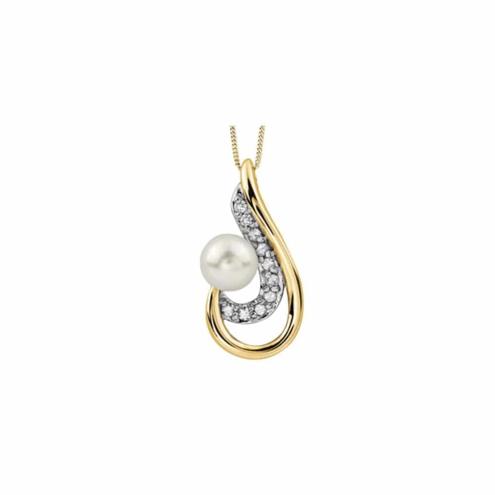 9ct Yellow Gold Diamond &amp; Pearl Double Swirl Teardrop Pendant Necklace