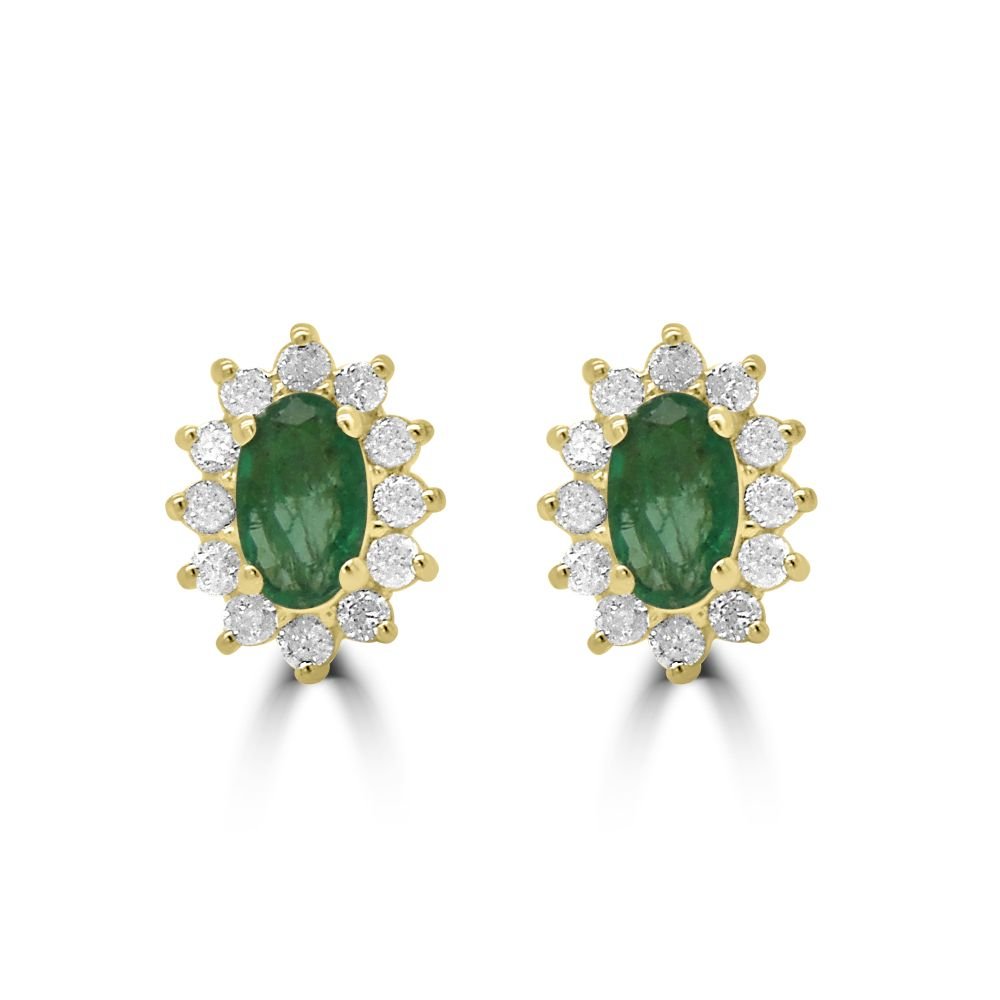 9ct Yellow Gold Emerald Oval 0.48ct Diamond 0.18ct Cluster Stud EarringsWWW3616ER