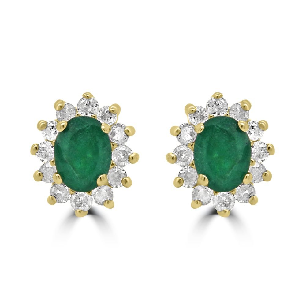 9ct Yellow Gold Emerald Oval Cut 0.32ct Diamond 0.17ct Cluster Stud EarringsWWW3638ER