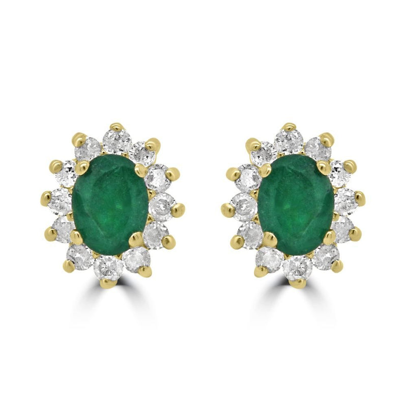 9ct Yellow Gold Emerald Oval Cut 0.32ct Diamond 0.17ct Cluster Stud EarringsWWW3638ER