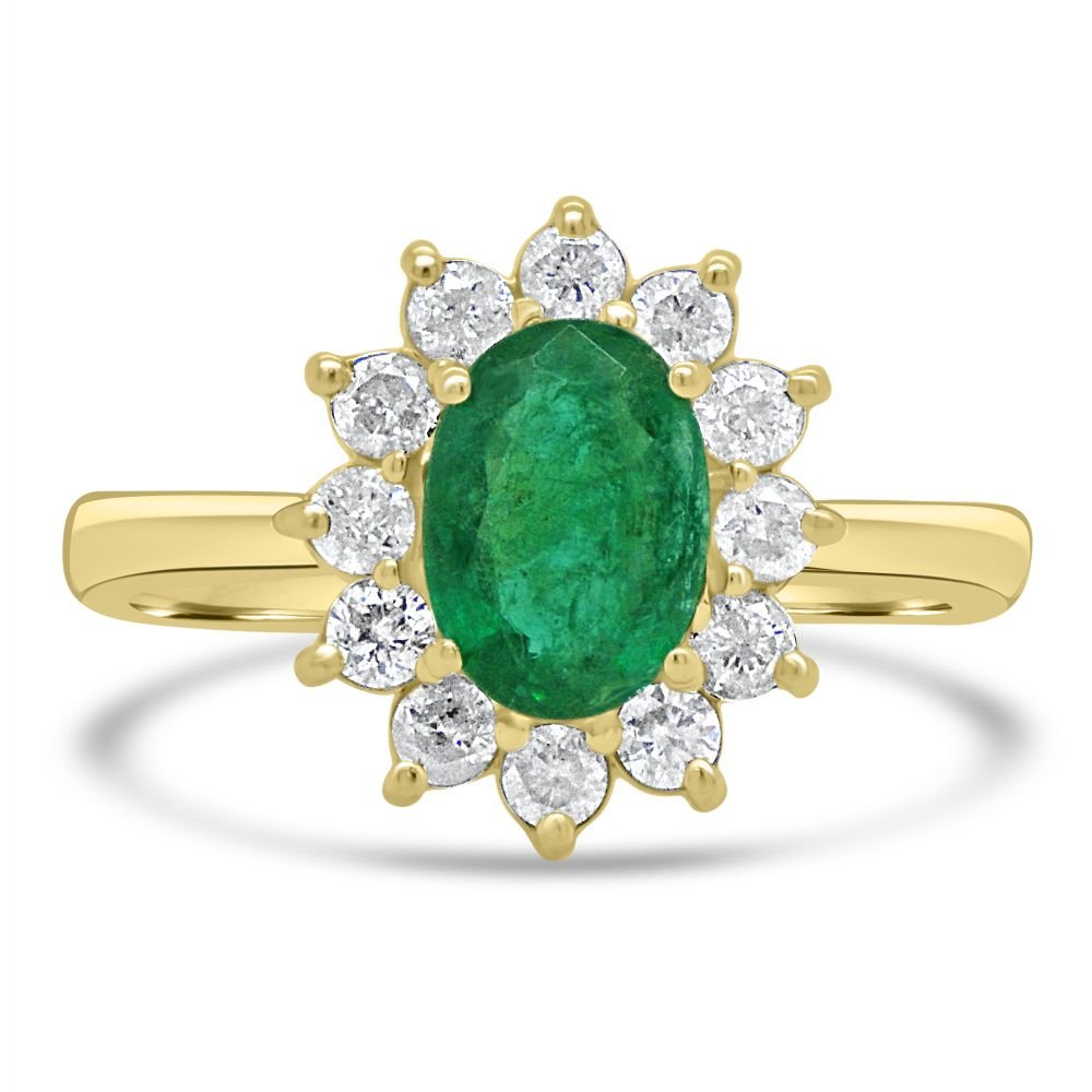 9ct Yellow Gold Emerald Oval Cut 0.83ct Diamond 0.35ct Cluster RingWWW2926