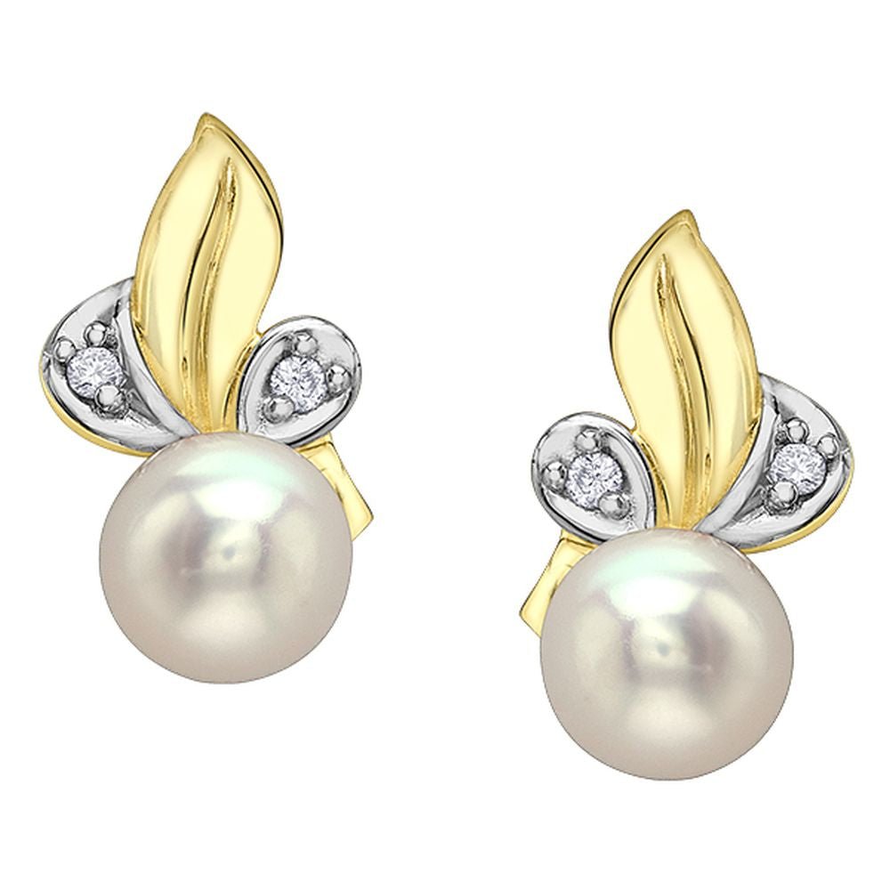 9ct Yellow Gold Pearl Leaf Diamond Stud Earrings .03ct69807-LU18500