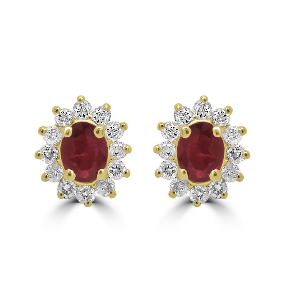 9ct Yellow Gold Ruby Oval Cut 0.45ct Diamond 0.17ct Cluster Stud EarringsWWW3595ER