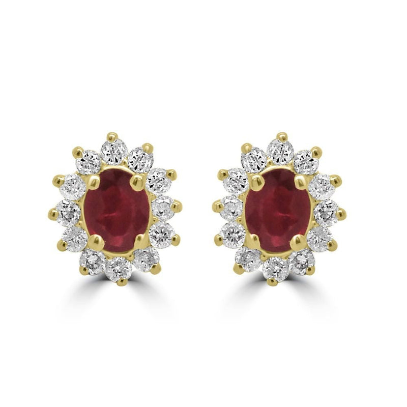 9ct Yellow Gold Ruby Oval Cut 0.45ct Diamond 0.17ct Cluster Stud EarringsWWW3595ER