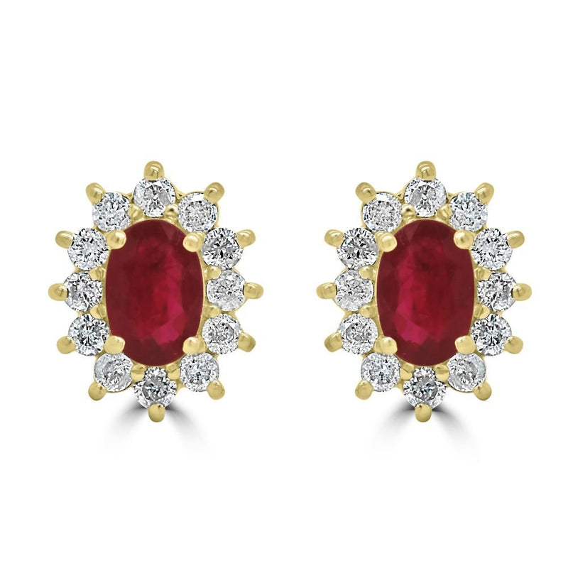 9ct Yellow Gold Ruby Oval Cut Cut 1.15ct Diamond 0.48ct Cluster Stud EarringsWWW2145ER