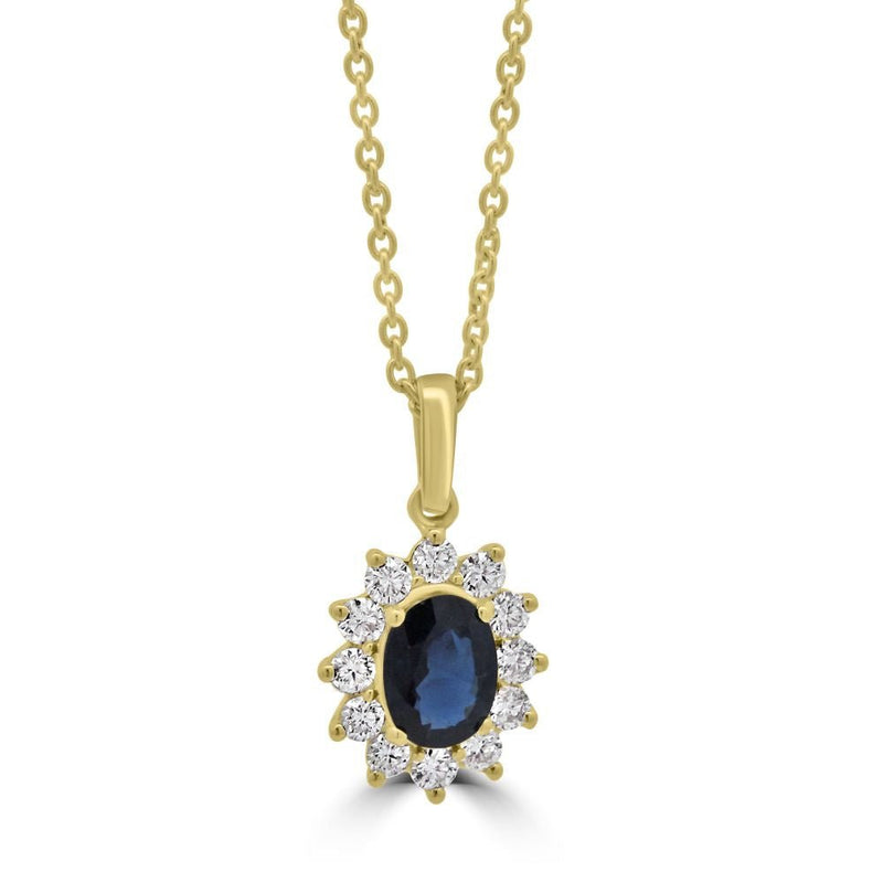 9ct Yellow Gold Sapphire Oval Cut 0.90ct Diamond 0.37ct Cluster PendantWWW3882
