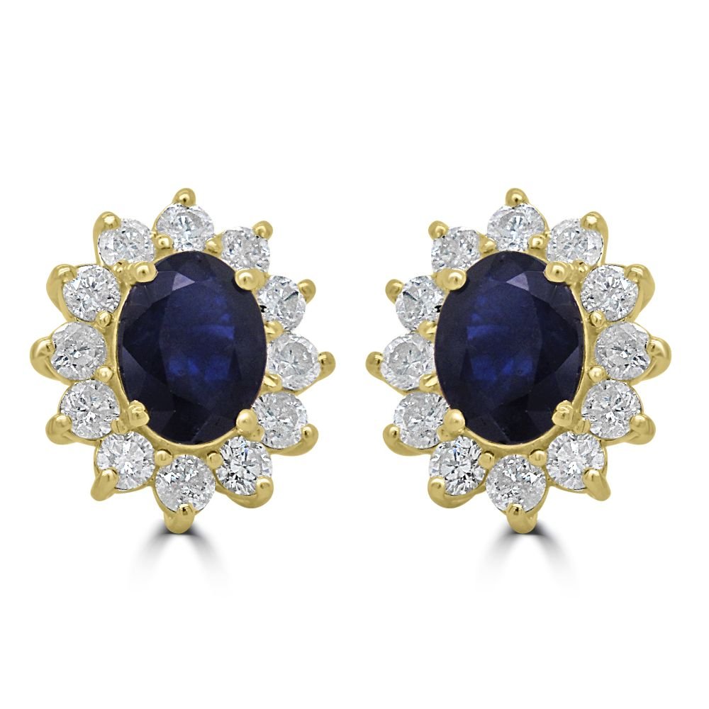 9ct Yellow Gold Sapphire Oval Cut 0.94ct Diamond 0.45ct Cluster Stud EarringsWWW3358ER