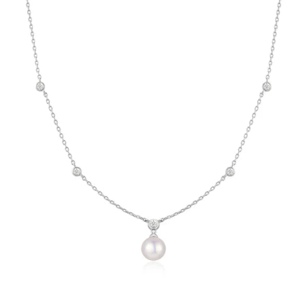 Ania Haie Silver Bezel-Set Station Necklace with Shell Pearl Pendant N075-09H