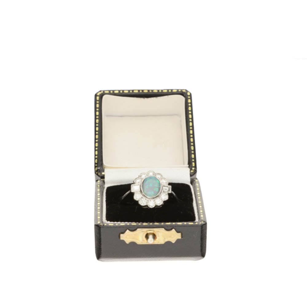 Pre-Owned Platinum Opal & Diamond Cluster Vintage Style Ring