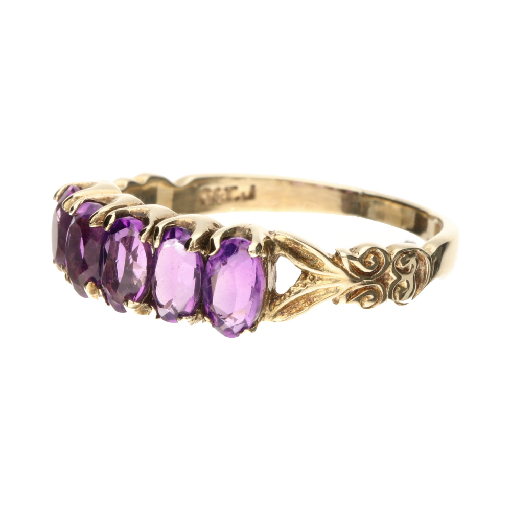 Pre-Owned 9ct Yellow Gold 5 Stove Oval Cut Amethyst Ring