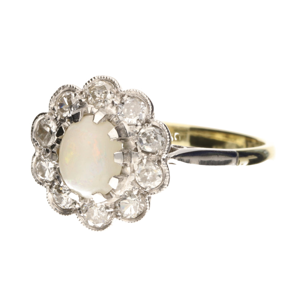 Pre-Owned 18ct Yellow Gold Oval Cabachon Opal & Diamond Flower Cluster Ring