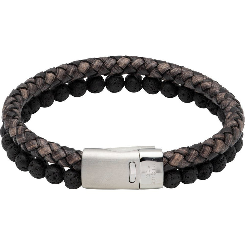 Antique Black Leather with Lava Stone &amp; Stainless Steel Clasp Bracelet