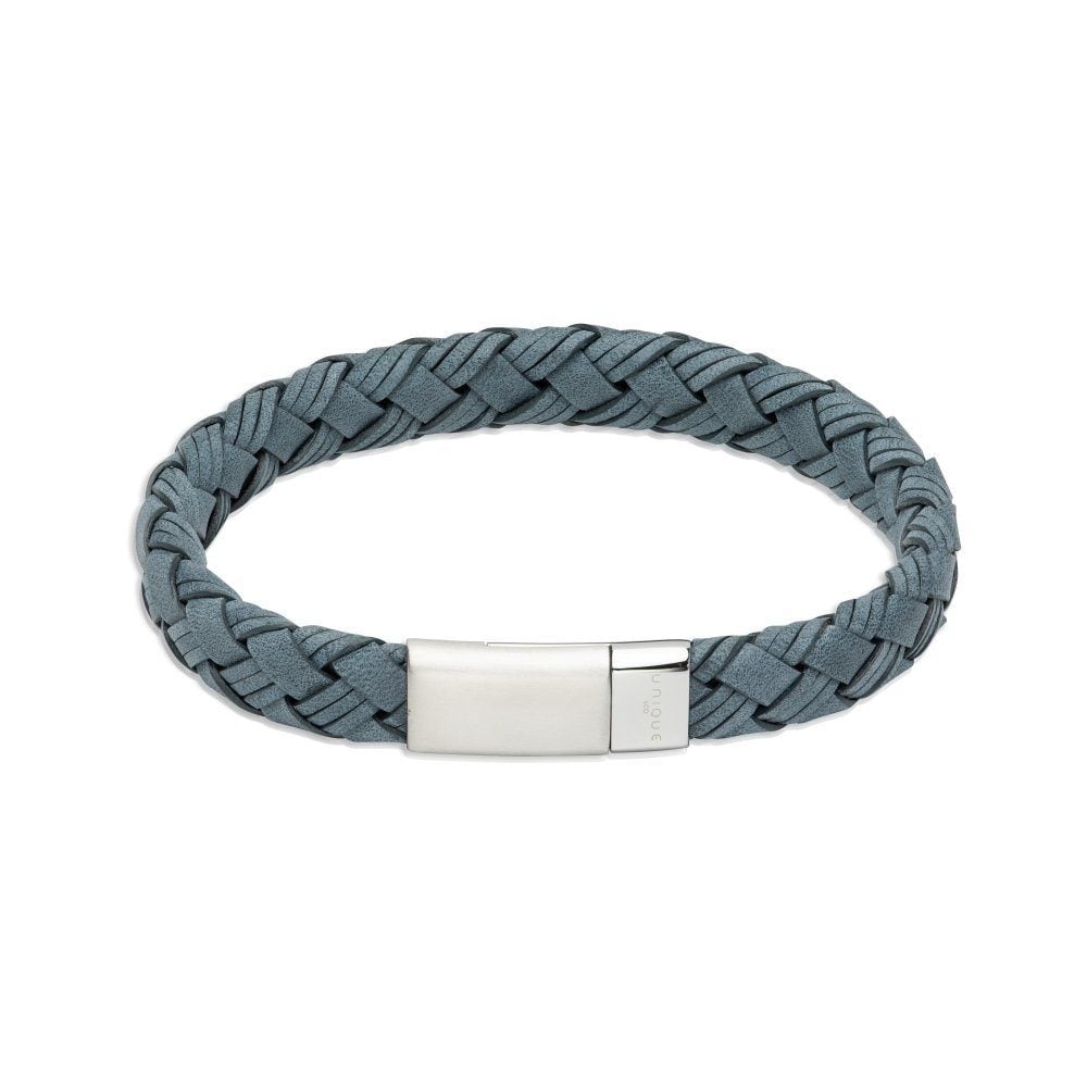 Antique Blue Leather with Polished Stainless Steel Clasp Bracelet