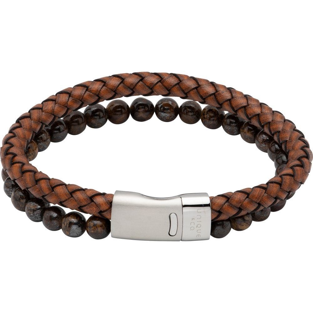 Antique Dark Brown Leather with Tiger Eye &amp; Stainless Steel Bracelet