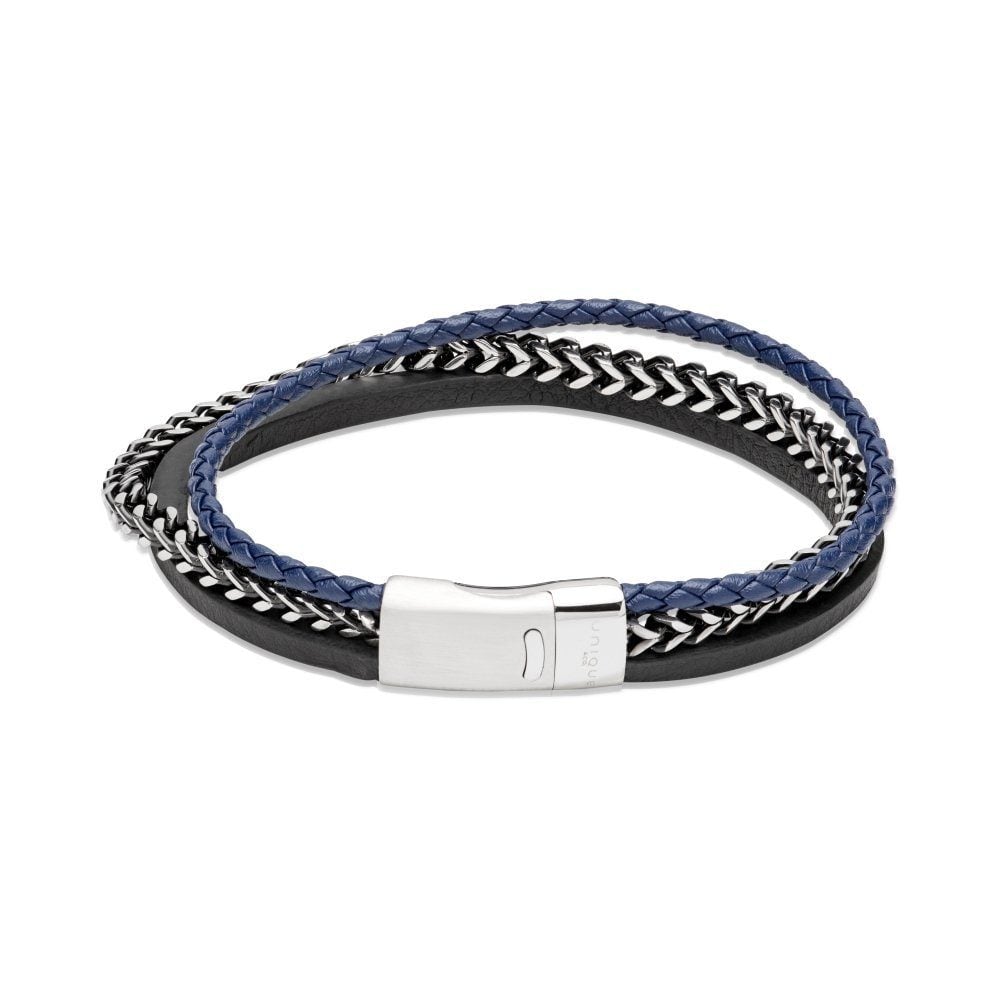 Black &amp; Navy Leather with Stainless Steel Chain and Clasp Bracelet
