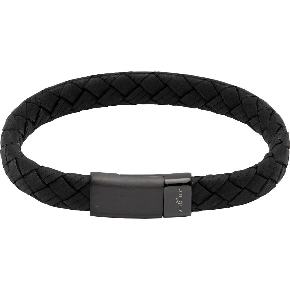 Black Leather with Black Stainless Steel Clasp Bracelet
