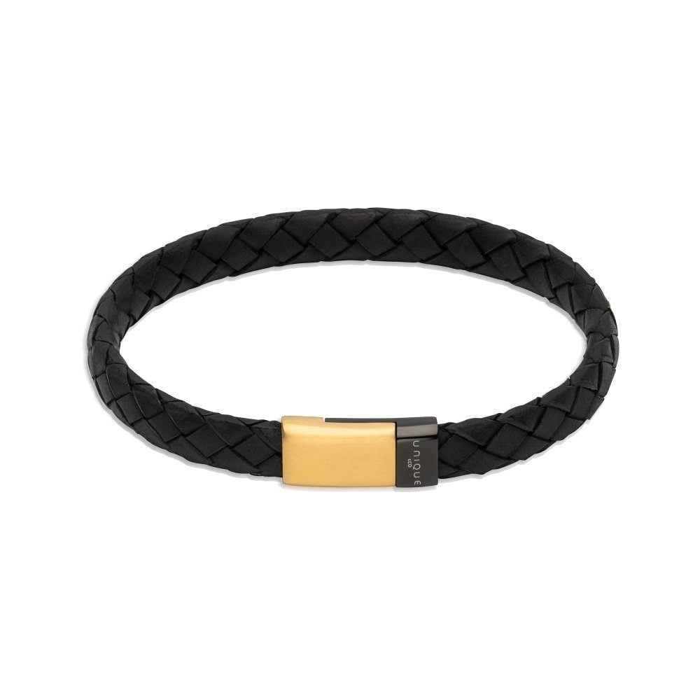 Black Leather with Gold Plating Stainless Steel Clasp Bracelet