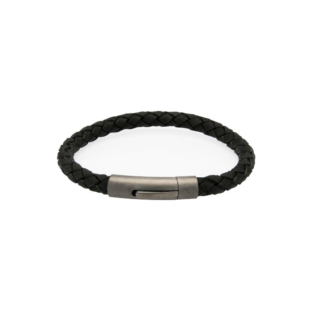 Black Leather with Gunmetal Stainless Steel Clasp Bracelet