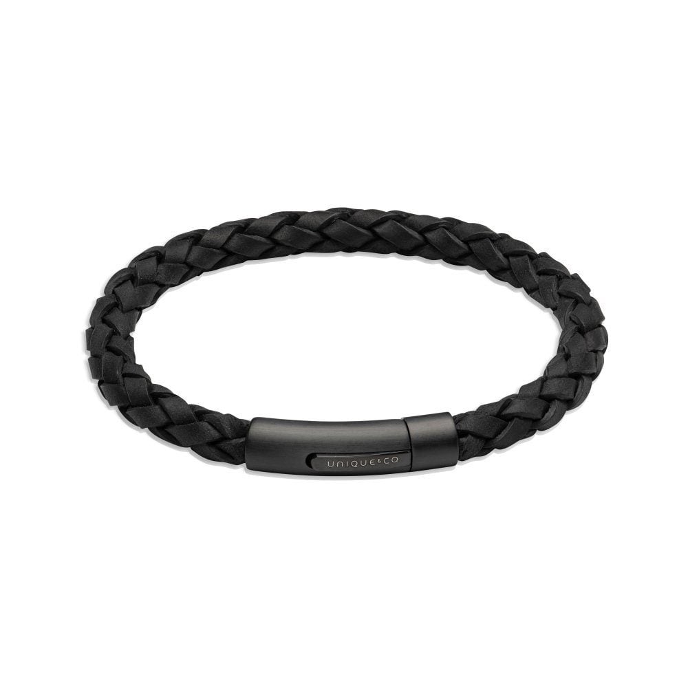 Black Leather with Matte Black Plating Stainless Steel Clasp Bracelet