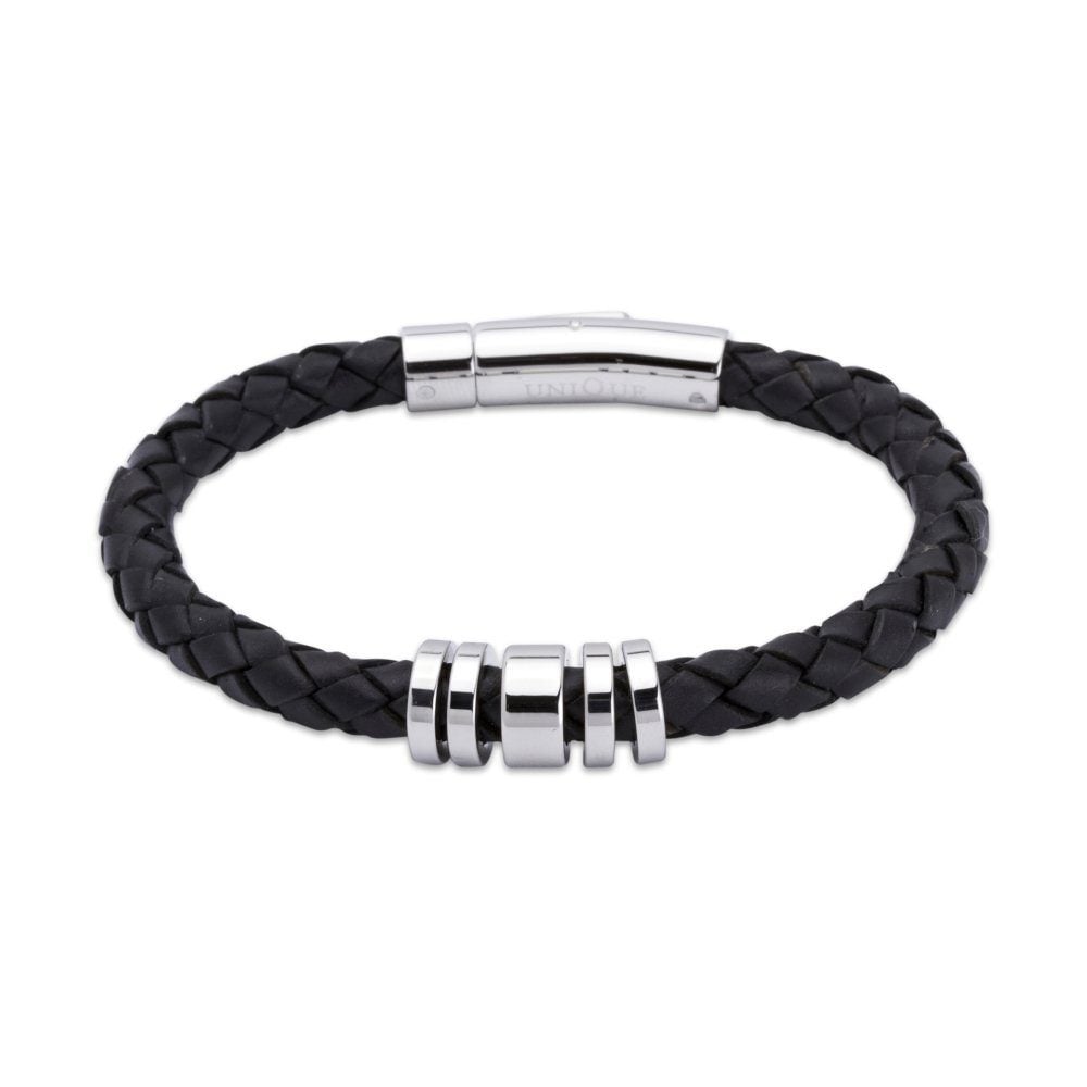 Black Leather with Stainless Steel Elements Bracelet