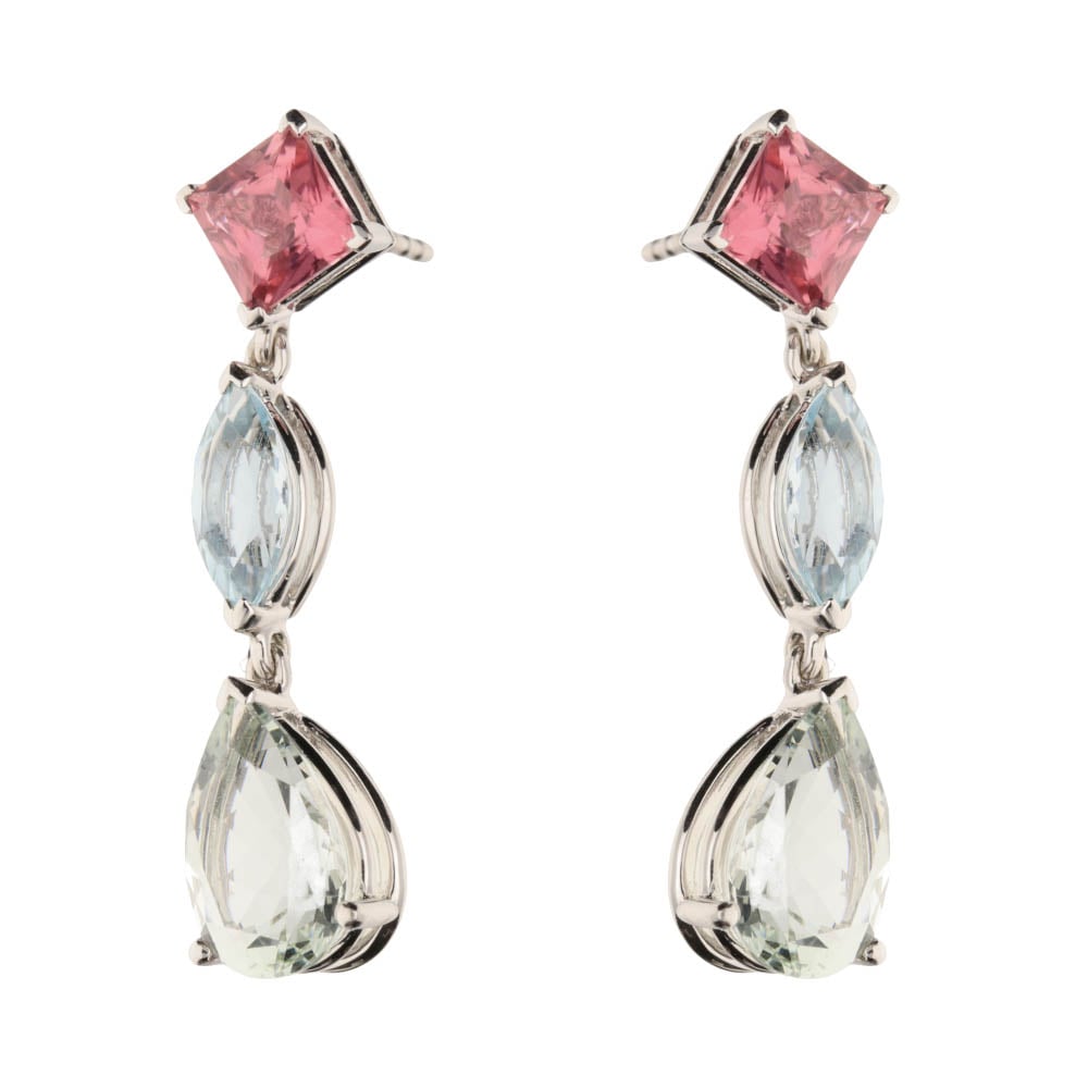 18ct White Gold Beryl, Tourmaline &amp; Aqua Drop Earrings image 0