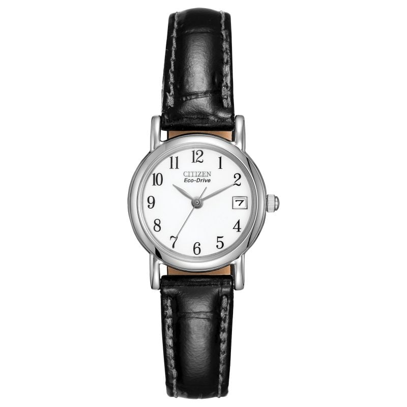 Citizen Ladies Eco - Drive Silver Tone Classic Black Leather Watch EW1270 - 06A