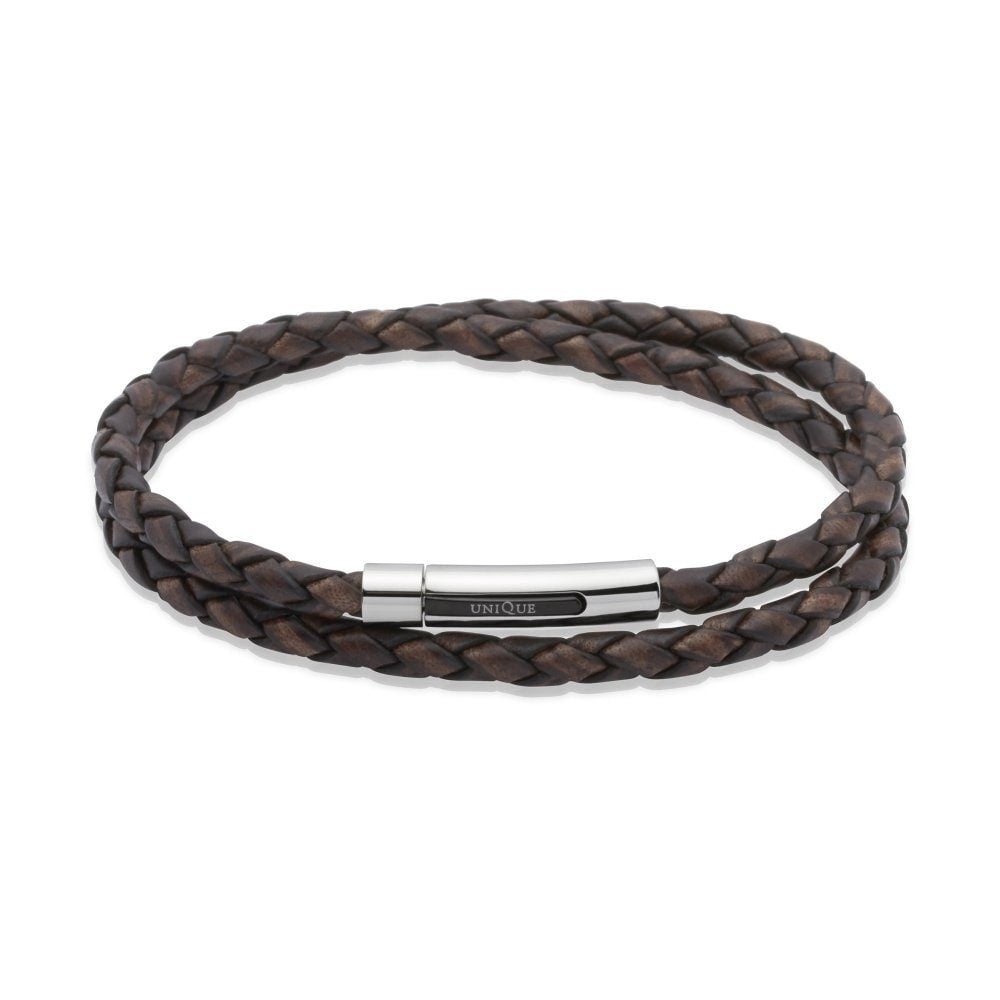 Dark Brown Stainless Steel Clasp Black Plating Leather Bracelet