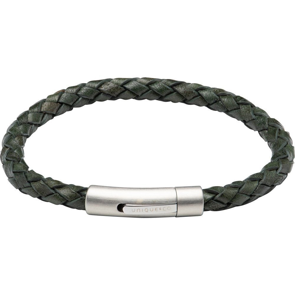 Dark Green Leather with Polished Stainless Steel Clasp Bracelet