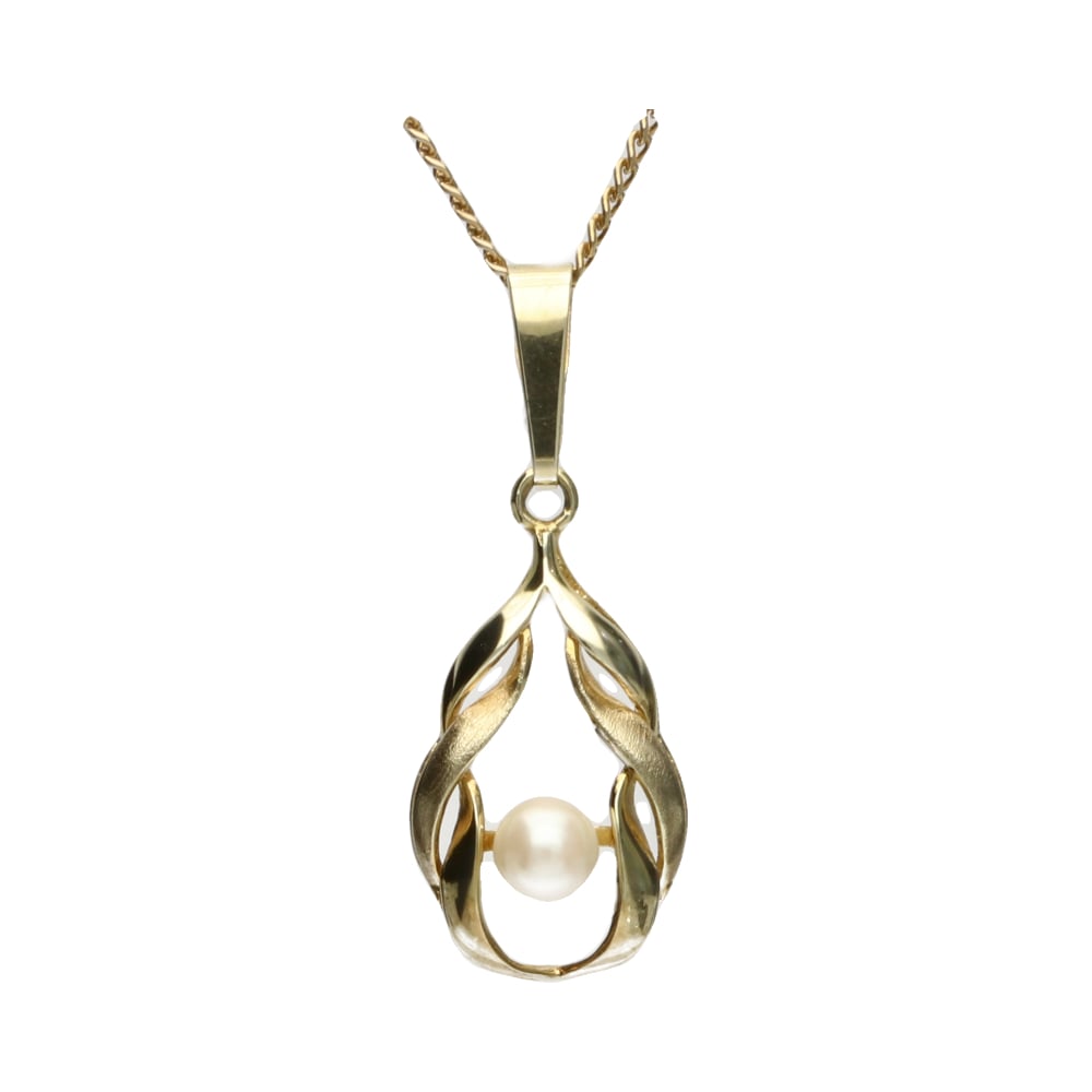 Pre-Owned 9ct Yellow Gold Openwork Pearl Pendant with Curb Chain 23inch image 0