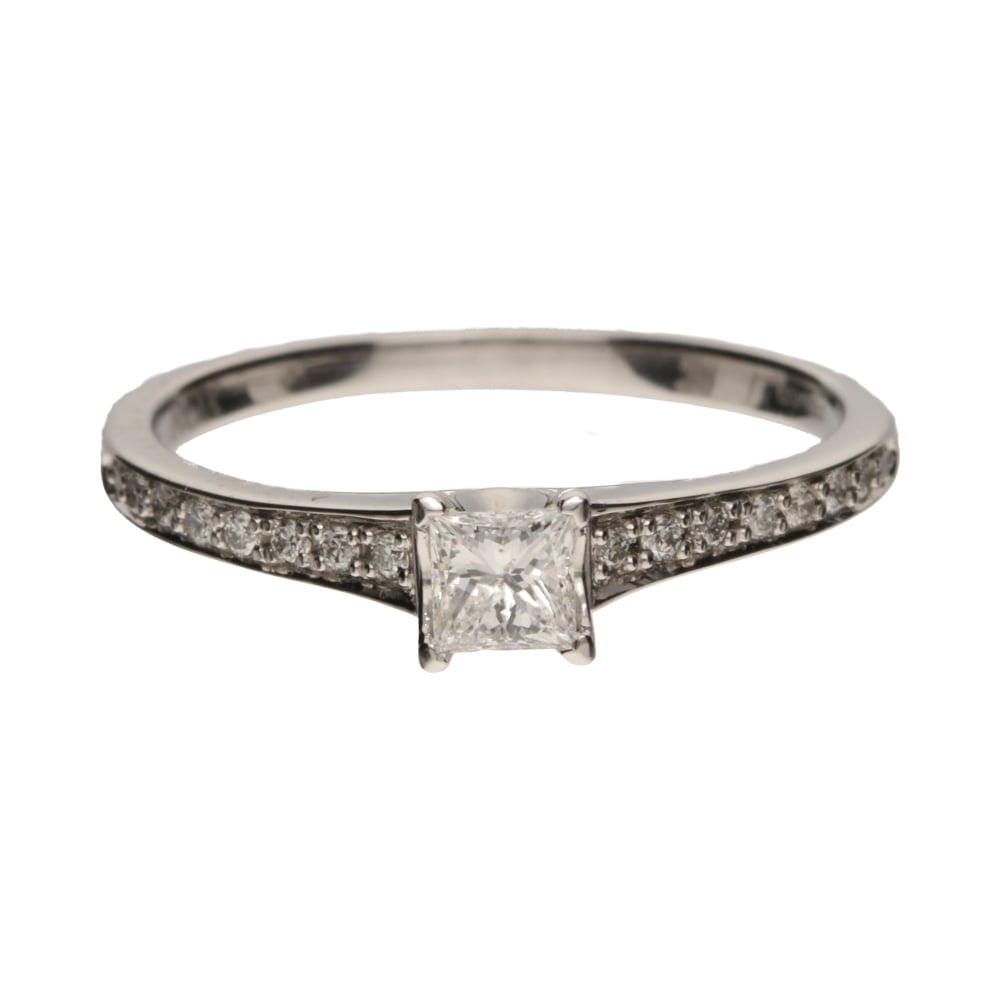 18ct White Gold with 14% Palladium Princess Cut Diamond Ring with Diamond Shoulders image 0