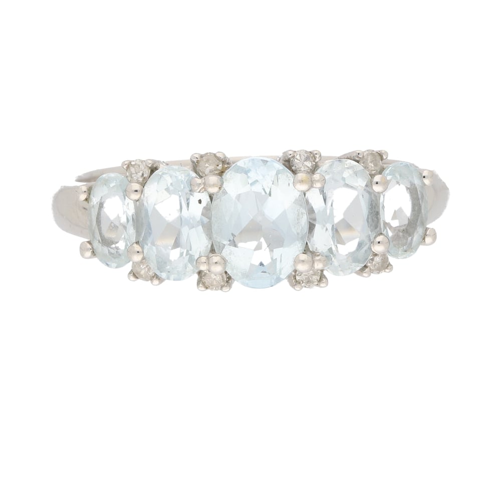 Pre-Owned 9ct White Gold 5 Stone Aqua &amp; Diamond Graduated Cluster Ring image 0