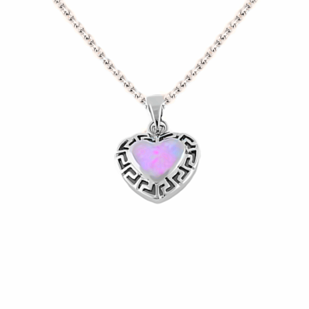 Sugar Sugar Silver Heart Greek Pattern Pink Lab Opal Pendant with Chaining up Chain image 0