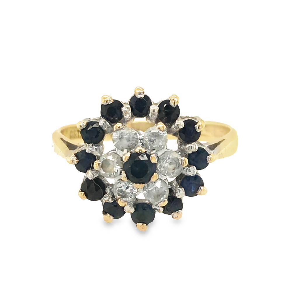 Pre-Owned 9ct Yellow Gold Blue &amp; White Cubic Zirconia Flower Cluster Ring 3.76g image 0