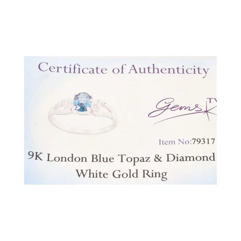 Opulent Pre - Owned 9ct White Gold Oval London Blue Topaz & Diamond Ring2026W36-8-41
