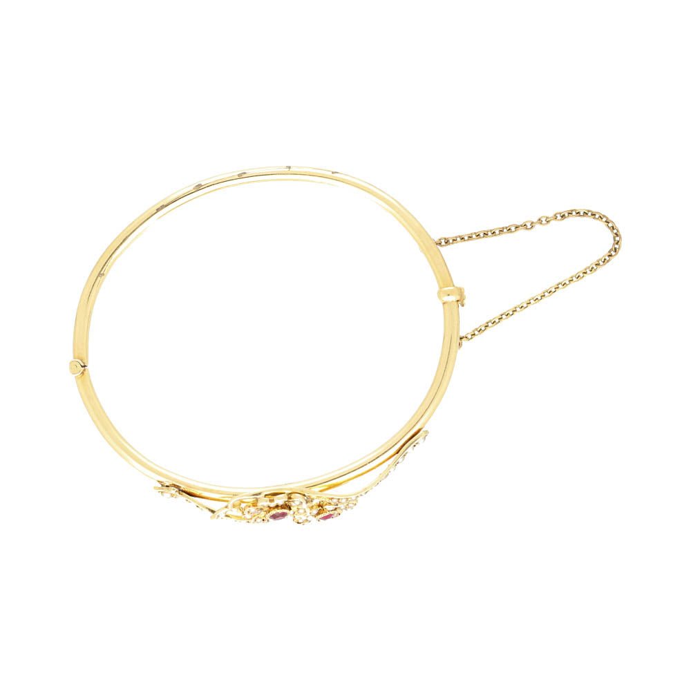 Pre - Owned 14ct Yellow Gold Ruby & Pearl Set Floral Bangle