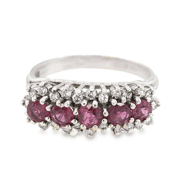 Pre - Owned 18ct White Gold 5 Stone Ruby & Diamond Cluster Ring,