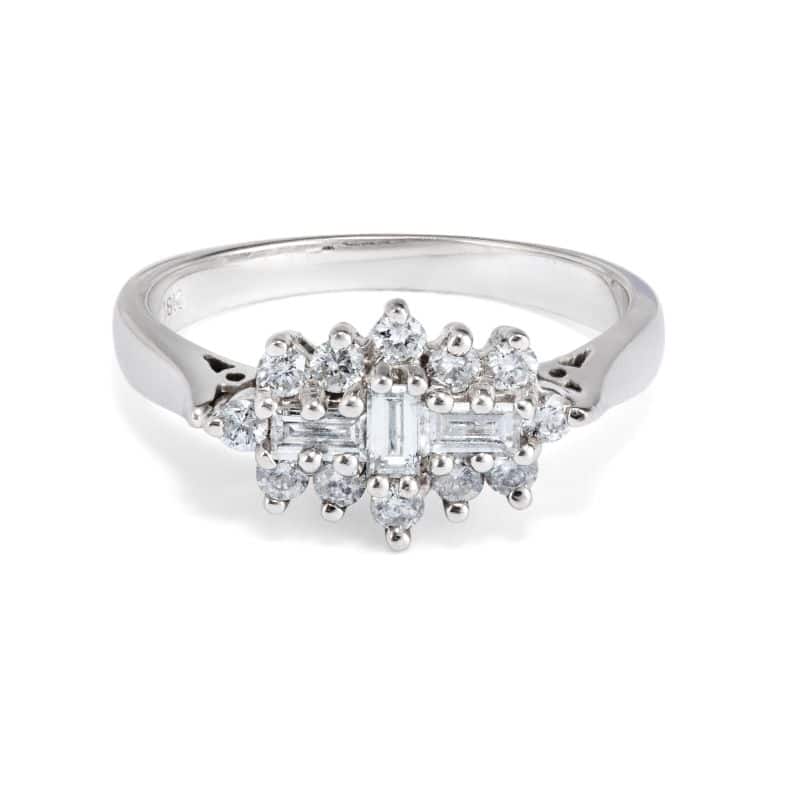 Pre - Owned 18ct White Gold Baguette & Round Cut Diamond Cluster Ring.