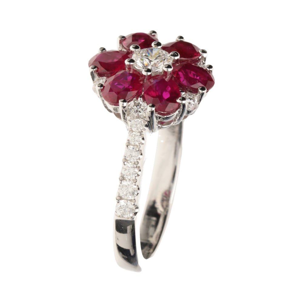 Pre - Owned 18ct White Gold Diamond & Ruby Flower Ring, Size M