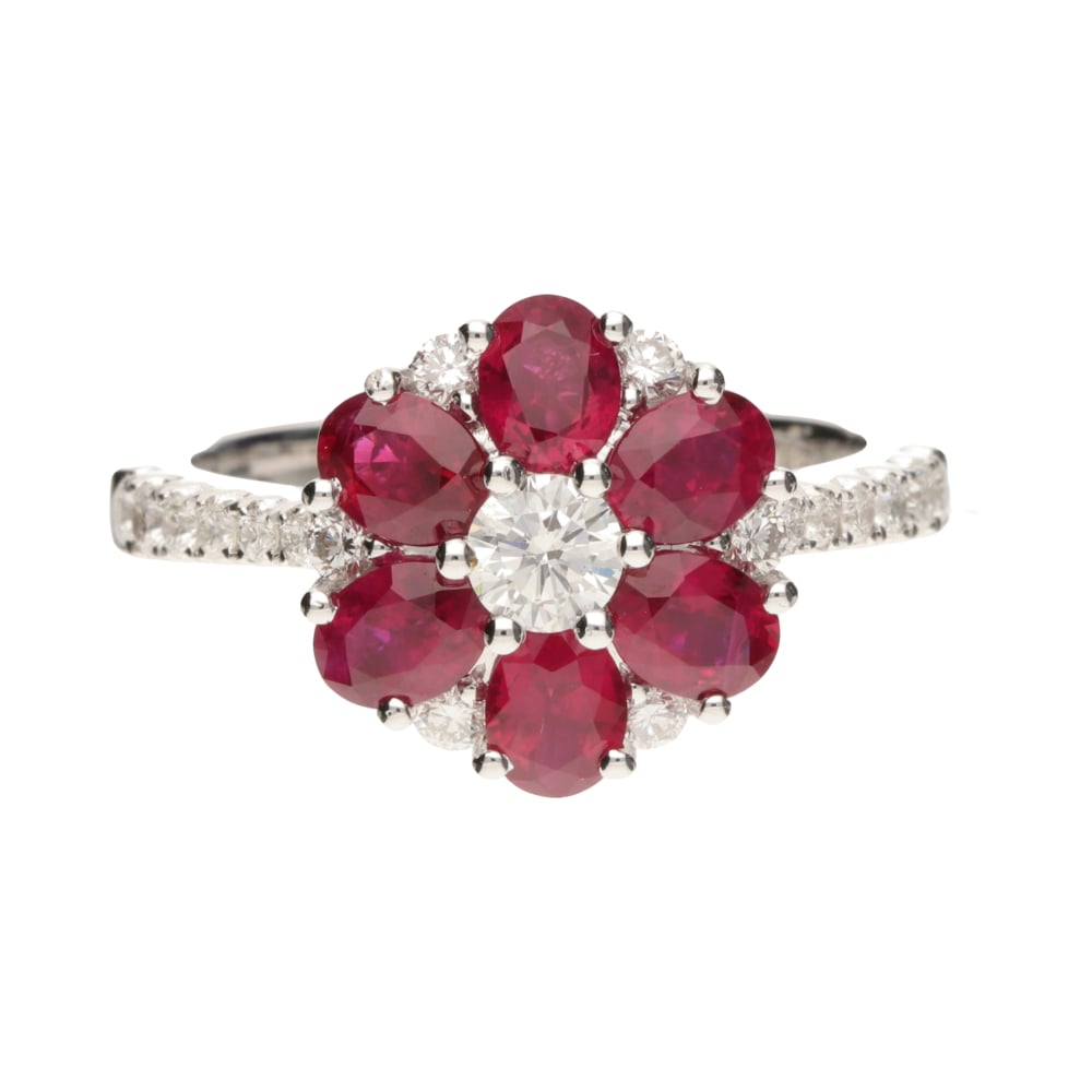 Pre - Owned 18ct White Gold Diamond & Ruby Flower Ring, Size M