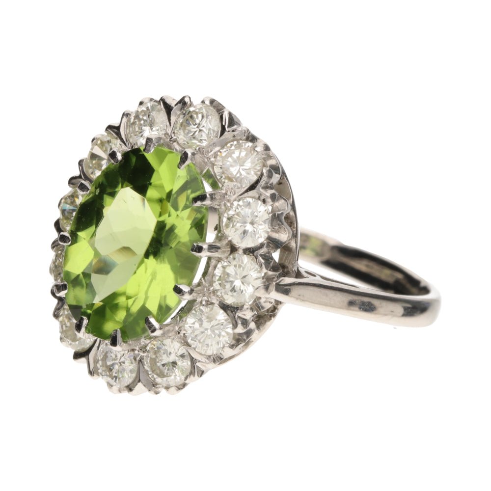 Pre - Owned 18ct White Gold Large Oval Peridot & Diamond Cluster Ring